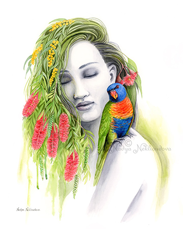 In the centre of this watercolour artwork is an allegory of Mother Nature, in very soft grey tones. She is calm and serene, with her eyes closed. Her hair becomes a spray of native Wattle, Callistemon and Flowering Gum, and a colourful Rainbow Lorikeet is perched on Her shoulder.