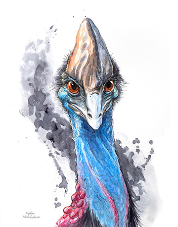 A young Cassowary stares right at you in this bright, whimsical watercolour painting.