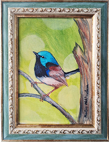 A cute little 5x7-inch painting of a brightly coloured Variegated Fairy-wren on canvas, on a bright green background. This artwork comes fitted inside a lovely blue frame, matching the colours of the little wren.