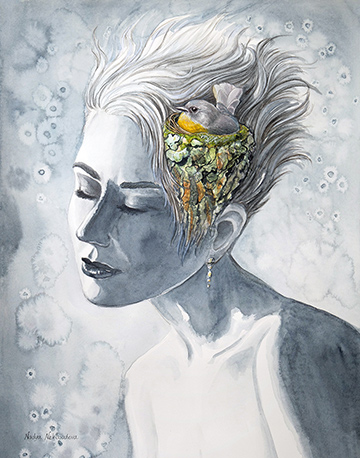 A woman's face is calm with an ageless beauty, her pale hair dishevelled and slightly wild. An Eastern Yellow Robin has woven a nest in her hair. Did the bird use her hair to line her nest? Or does the woman carry the colourful yellow bird only in her imagination, in her mind, as a vision of Nature?
